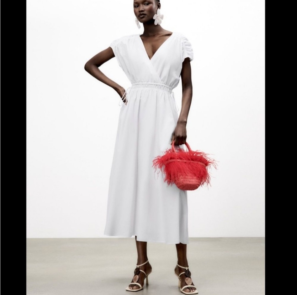 NWOT ZARA ELASTIC WAIST MIDI POPLIN DRESS Size M  White